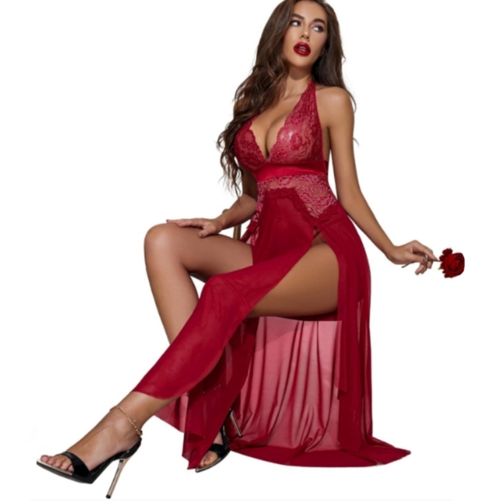Sexy Ruby Red Sheer Lace Trim Stretchy Midi Halter Ties Dress Stretch Lingerie